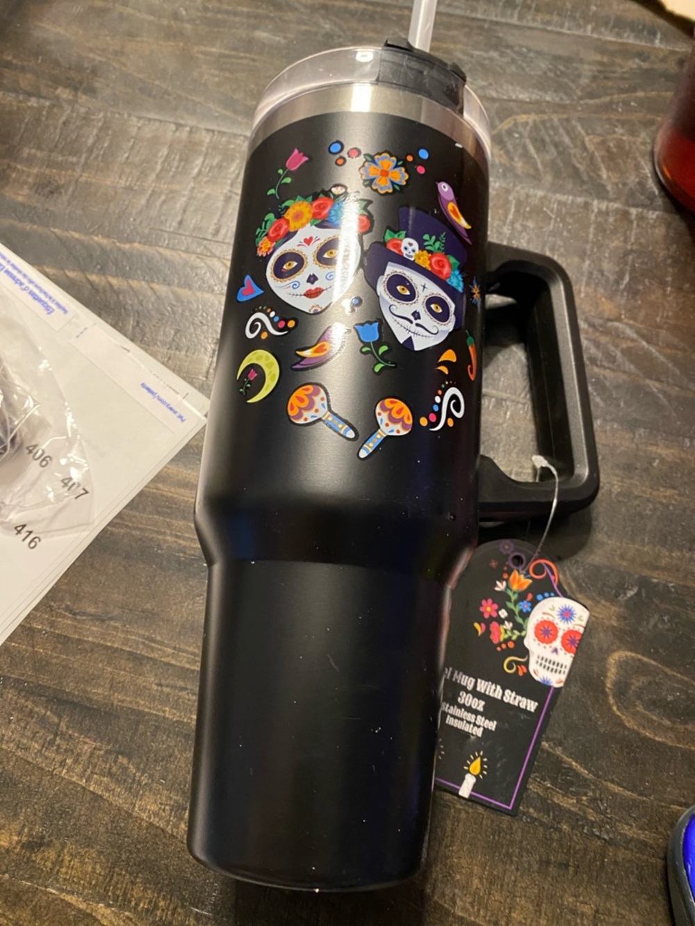 Black Day of the Dead Skull Travel Tumbler with Straw (M207)